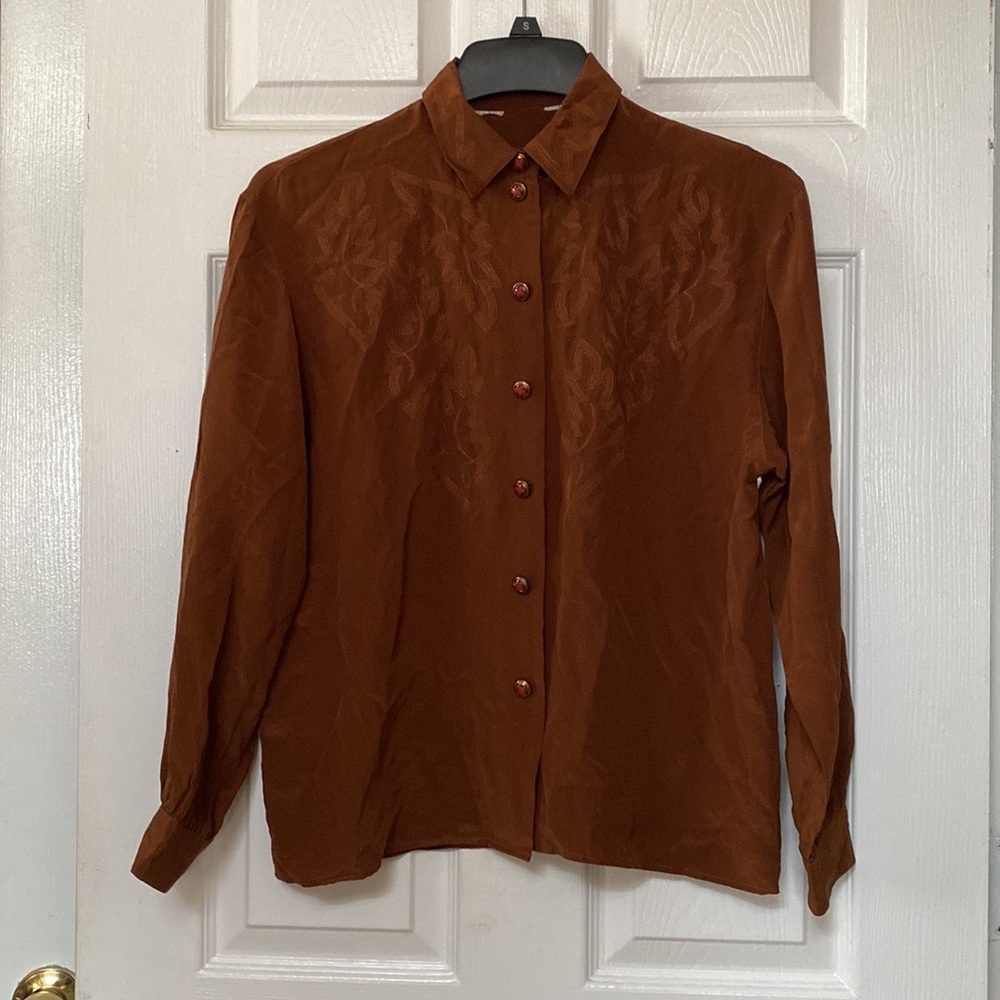 VTG 40’s Chocolate Brown Silk Button Down Blouse Embroidery